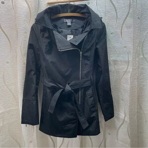 Suzy Shier Black Asymmetrical Zip Trench Coat with Belt
